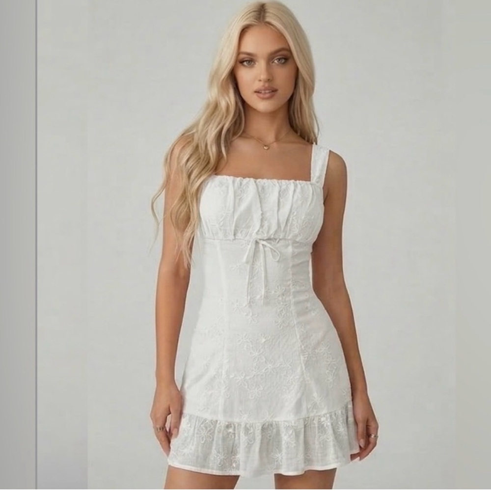 Boho Floral  Mini Dress - Square Neck Fit & Flare White